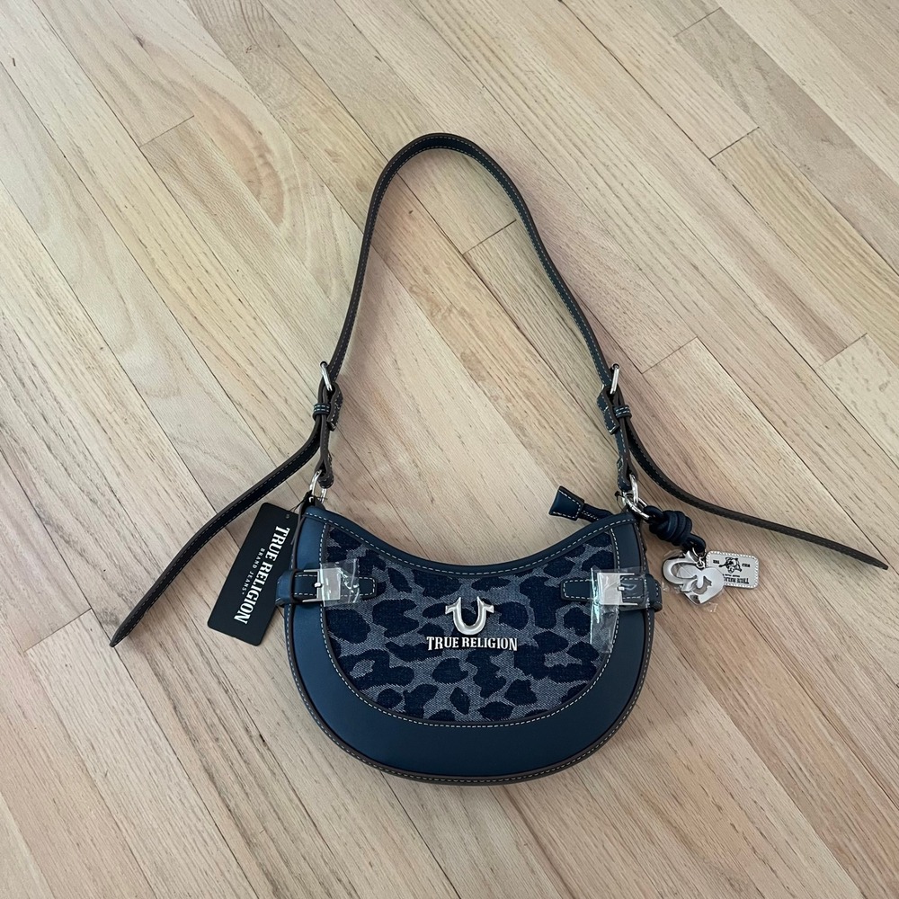 True Religion Women Navy Blue Leopard Print Denim Crescent Shoulder Bag New